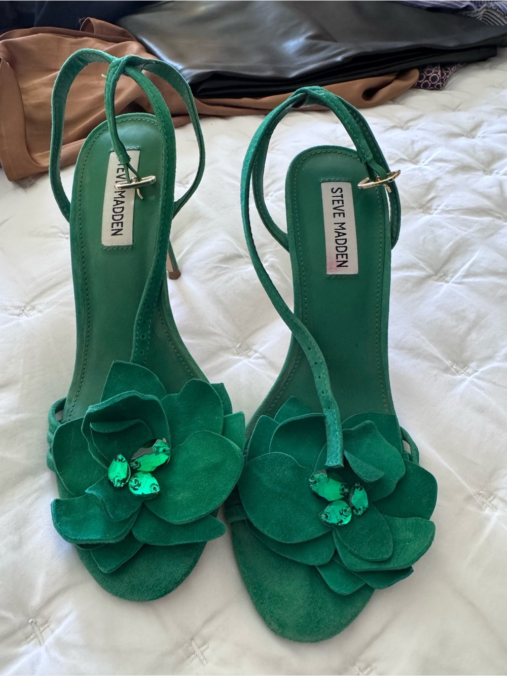 Steve Madden Emerald Green Floral Suede Ankle-Strap Heels